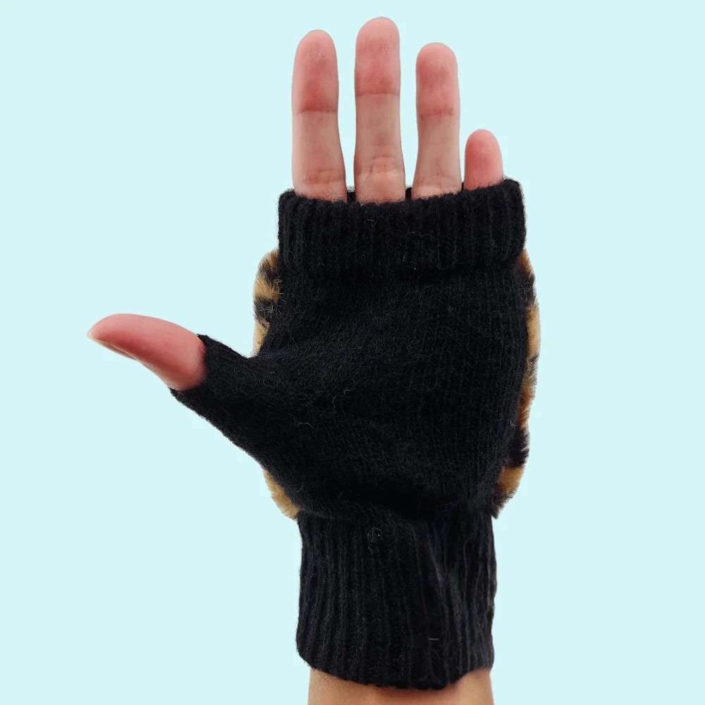 Adrienne Landau Gloves Fingerless Black Leopard Wool Blend Faux Fur Cottagecore